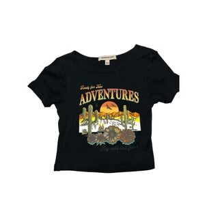 Women XS Black Ribbed Cropped Graphic Baby Tee Adventure Western Festival Indie